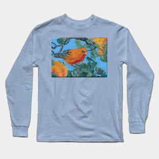 Tropical Hawaiian Bird: 'Akepa with Orange Ohia Long Sleeve T-Shirt